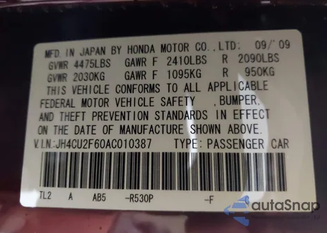 2010 Acura Tsx 2.4 z USA, uszkodzony, nr VIN JH4CU2F60AC010387